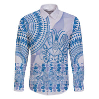 Niue Language Week Family Matching Off Shoulder Maxi Dress and Hawaiian Shirt The Rock Coconut Crab - Siapo Blue Pastel LT14 Dad's Shirt - Long Sleeve Blue - Polynesian Pride