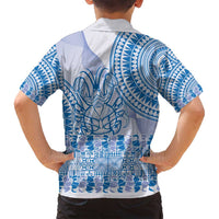Niue Language Week Family Matching Off Shoulder Short Dress and Hawaiian Shirt The Rock Coconut Crab - Siapo Blue Pastel LT14 - Polynesian Pride