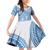 Niue Language Week Family Matching Off Shoulder Short Dress and Hawaiian Shirt The Rock Coconut Crab - Siapo Blue Pastel LT14 Daughter's Dress Blue - Polynesian Pride
