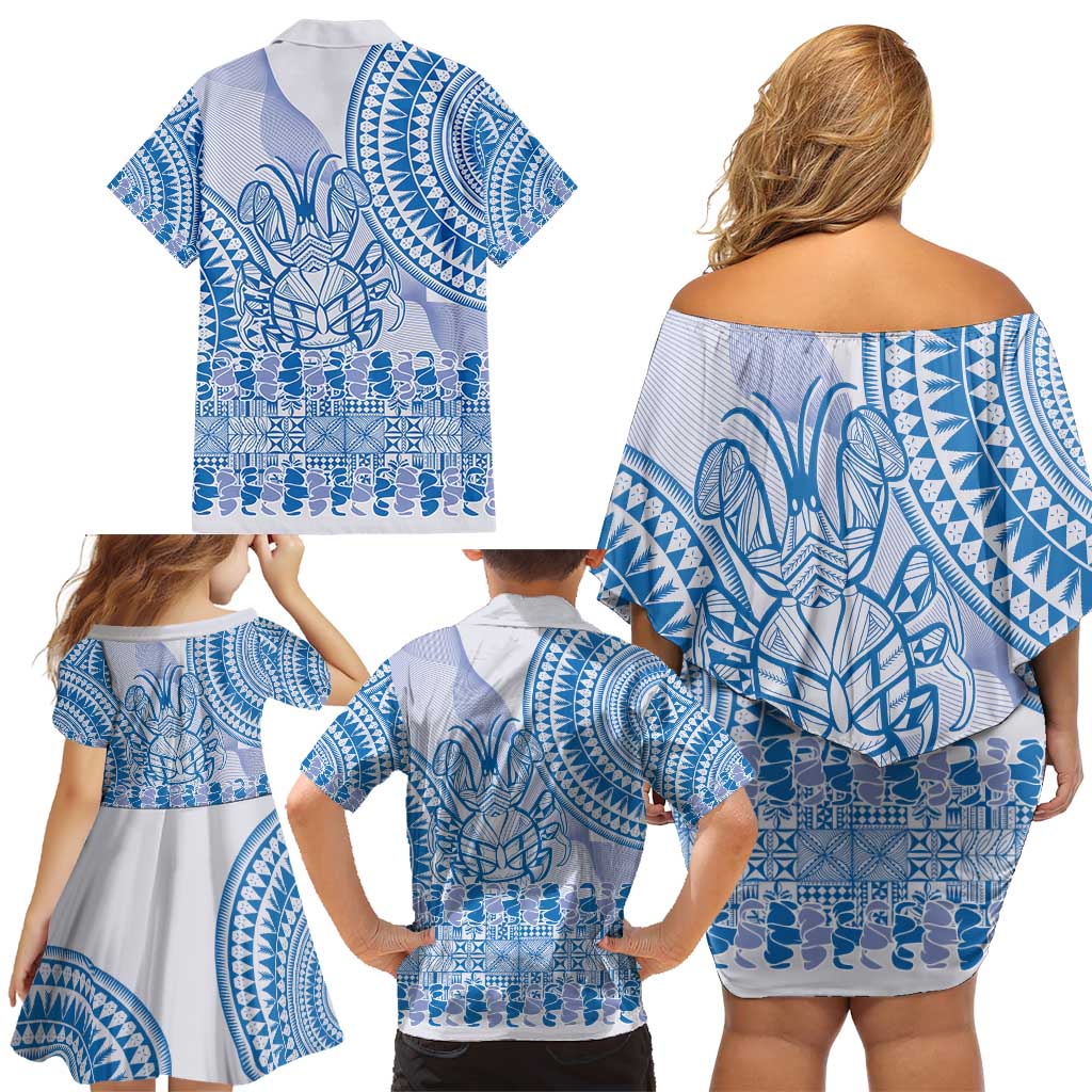 Niue Language Week Family Matching Off Shoulder Short Dress and Hawaiian Shirt The Rock Coconut Crab - Siapo Blue Pastel LT14 - Polynesian Pride