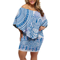 Niue Language Week Family Matching Off Shoulder Short Dress and Hawaiian Shirt The Rock Coconut Crab - Siapo Blue Pastel LT14 Mom's Dress Blue - Polynesian Pride