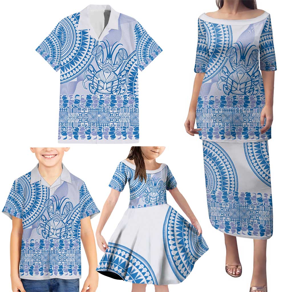Niue Language Week Family Matching Puletasi and Hawaiian Shirt The Rock Coconut Crab - Siapo Blue Pastel LT14 - Polynesian Pride
