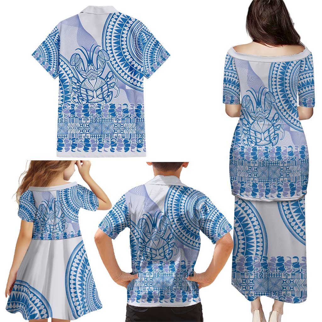 Niue Language Week Family Matching Puletasi and Hawaiian Shirt The Rock Coconut Crab - Siapo Blue Pastel LT14 - Polynesian Pride