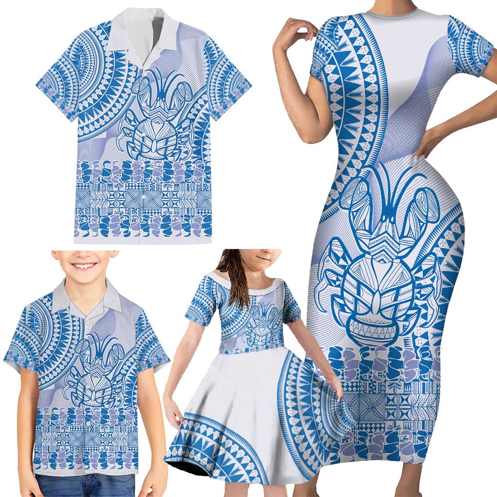 Niue Language Week Family Matching Short Sleeve Bodycon Dress and Hawaiian Shirt The Rock Coconut Crab - Siapo Blue Pastel LT14 - Polynesian Pride