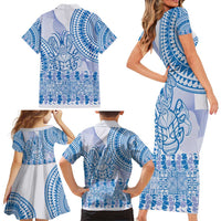 Niue Language Week Family Matching Short Sleeve Bodycon Dress and Hawaiian Shirt The Rock Coconut Crab - Siapo Blue Pastel LT14 - Polynesian Pride