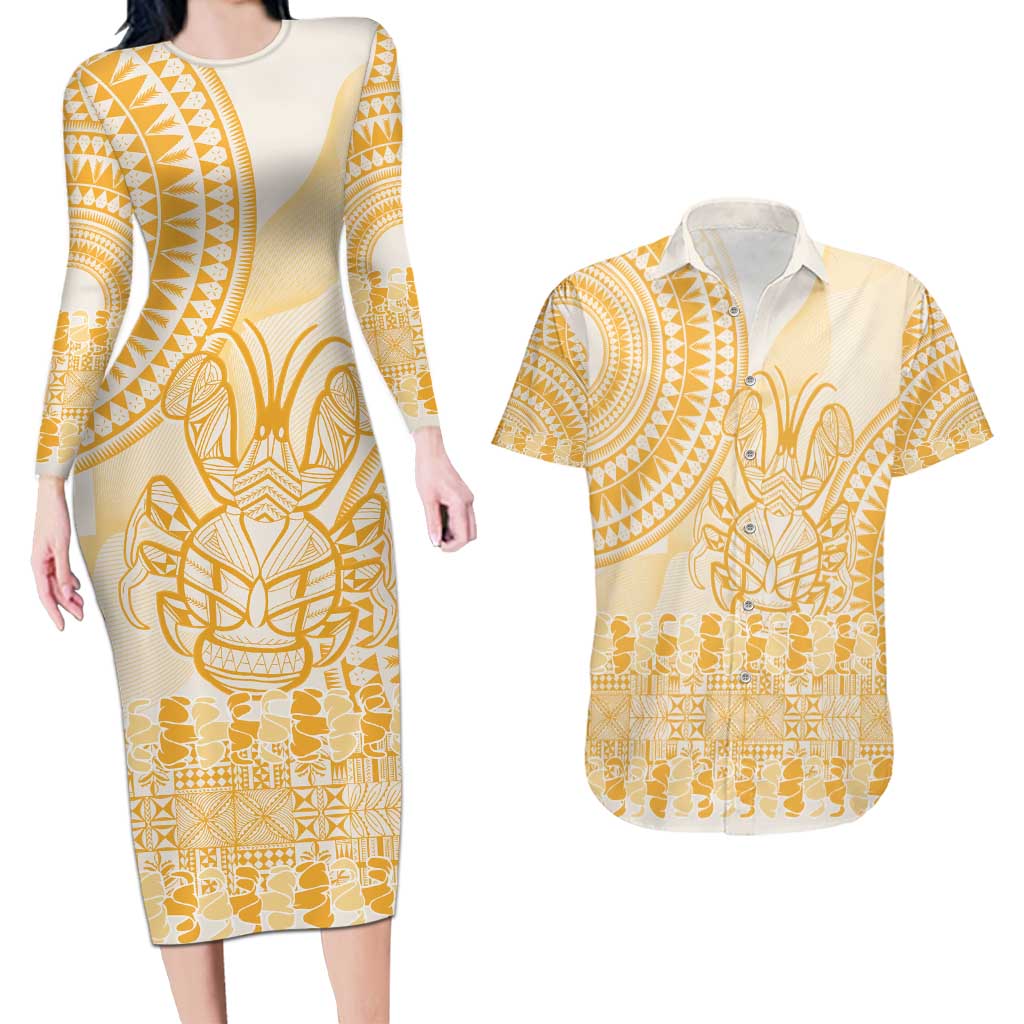 Niue Language Week Couples Matching Long Sleeve Bodycon Dress and Hawaiian Shirt The Rock Coconut Crab - Siapo Gold Pastel LT14 Gold - Polynesian Pride