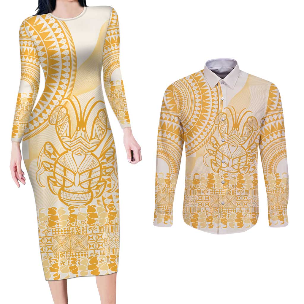 Niue Language Week Couples Matching Long Sleeve Bodycon Dress and Long Sleeve Button Shirt The Rock Coconut Crab - Siapo Gold Pastel LT14 Gold - Polynesian Pride
