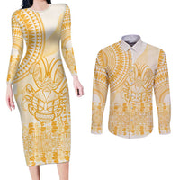 Niue Language Week Couples Matching Long Sleeve Bodycon Dress and Long Sleeve Button Shirt The Rock Coconut Crab - Siapo Gold Pastel LT14 Gold - Polynesian Pride
