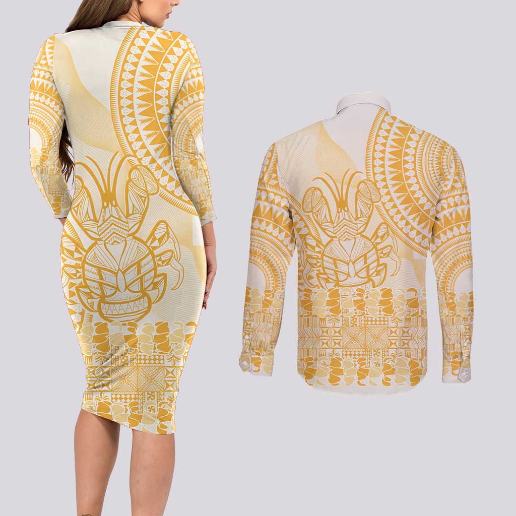 Niue Language Week Couples Matching Long Sleeve Bodycon Dress and Long Sleeve Button Shirt The Rock Coconut Crab - Siapo Gold Pastel LT14 - Polynesian Pride