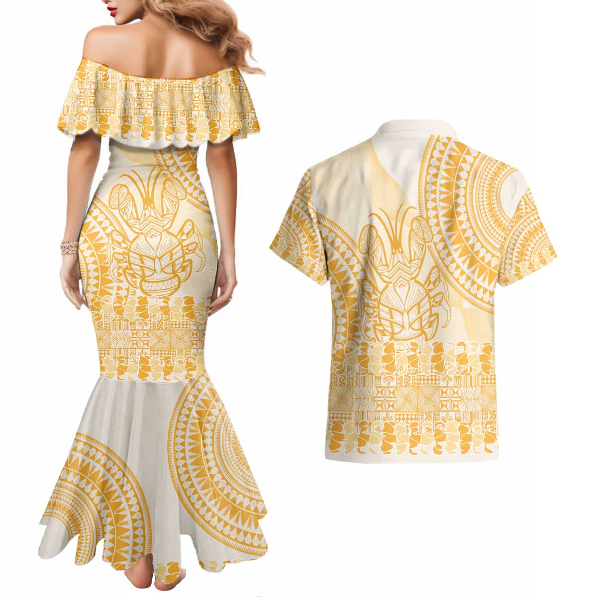 Niue Language Week Couples Matching Mermaid Dress and Hawaiian Shirt The Rock Coconut Crab - Siapo Gold Pastel LT14 - Polynesian Pride