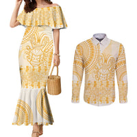Niue Language Week Couples Matching Mermaid Dress and Long Sleeve Button Shirt The Rock Coconut Crab - Siapo Gold Pastel LT14 Gold - Polynesian Pride
