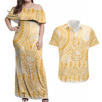 Niue Language Week Couples Matching Off Shoulder Maxi Dress and Hawaiian Shirt The Rock Coconut Crab - Siapo Gold Pastel LT14 Gold - Polynesian Pride