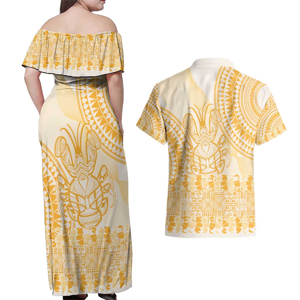 Niue Language Week Couples Matching Off Shoulder Maxi Dress and Hawaiian Shirt The Rock Coconut Crab - Siapo Gold Pastel LT14 - Polynesian Pride