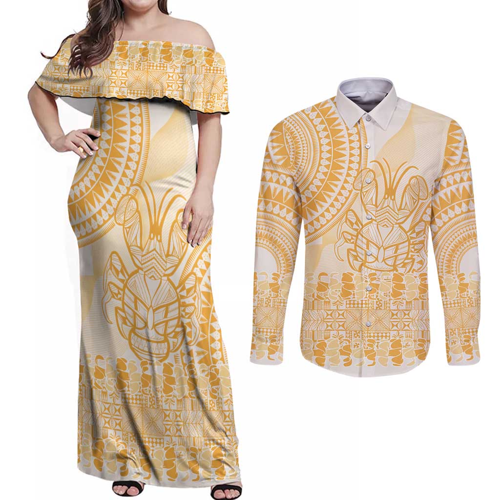 Niue Language Week Couples Matching Off Shoulder Maxi Dress and Long Sleeve Button Shirt The Rock Coconut Crab - Siapo Gold Pastel LT14 Gold - Polynesian Pride