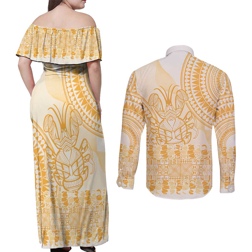 Niue Language Week Couples Matching Off Shoulder Maxi Dress and Long Sleeve Button Shirt The Rock Coconut Crab - Siapo Gold Pastel LT14 - Polynesian Pride