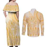 Niue Language Week Couples Matching Off Shoulder Maxi Dress and Long Sleeve Button Shirt The Rock Coconut Crab - Siapo Gold Pastel LT14 - Polynesian Pride