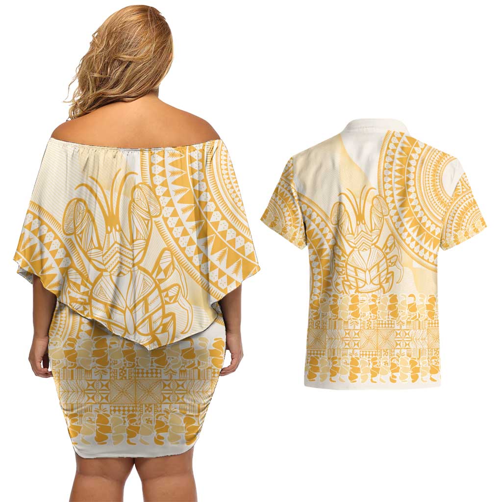 Niue Language Week Couples Matching Off Shoulder Short Dress and Hawaiian Shirt The Rock Coconut Crab - Siapo Gold Pastel LT14 - Polynesian Pride