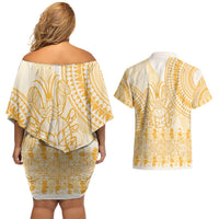 Niue Language Week Couples Matching Off Shoulder Short Dress and Hawaiian Shirt The Rock Coconut Crab - Siapo Gold Pastel LT14 - Polynesian Pride