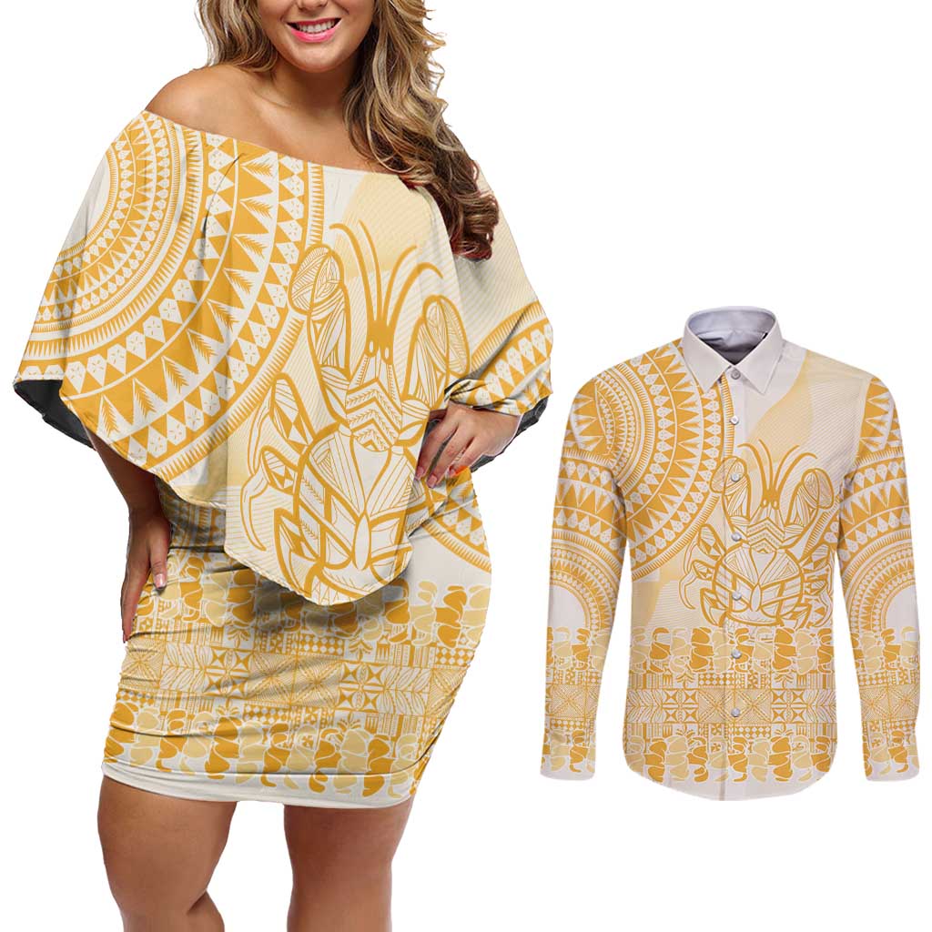 Niue Language Week Couples Matching Off Shoulder Short Dress and Long Sleeve Button Shirt The Rock Coconut Crab - Siapo Gold Pastel LT14 Gold - Polynesian Pride