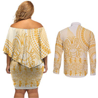 Niue Language Week Couples Matching Off Shoulder Short Dress and Long Sleeve Button Shirt The Rock Coconut Crab - Siapo Gold Pastel LT14 - Polynesian Pride