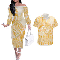 Niue Language Week Couples Matching Off The Shoulder Long Sleeve Dress and Hawaiian Shirt The Rock Coconut Crab - Siapo Gold Pastel LT14 Gold - Polynesian Pride