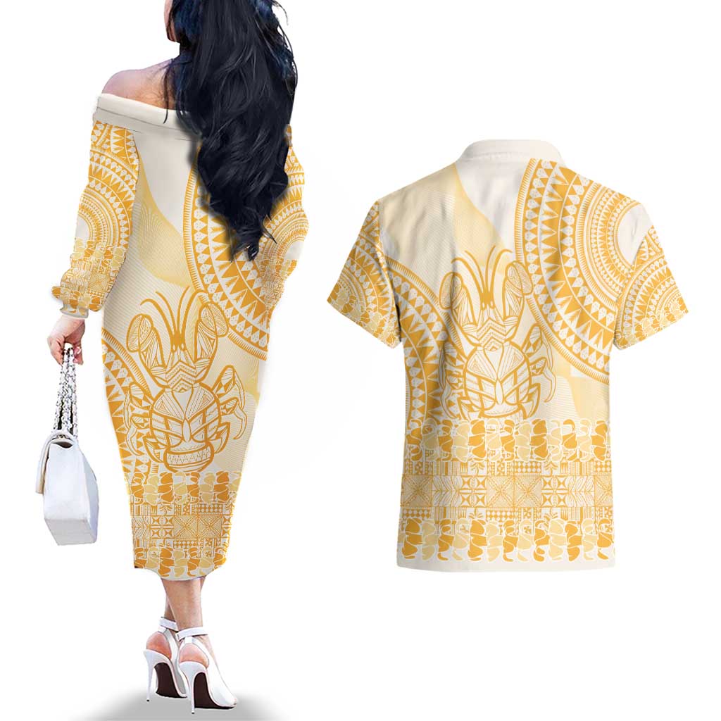 Niue Language Week Couples Matching Off The Shoulder Long Sleeve Dress and Hawaiian Shirt The Rock Coconut Crab - Siapo Gold Pastel LT14 - Polynesian Pride