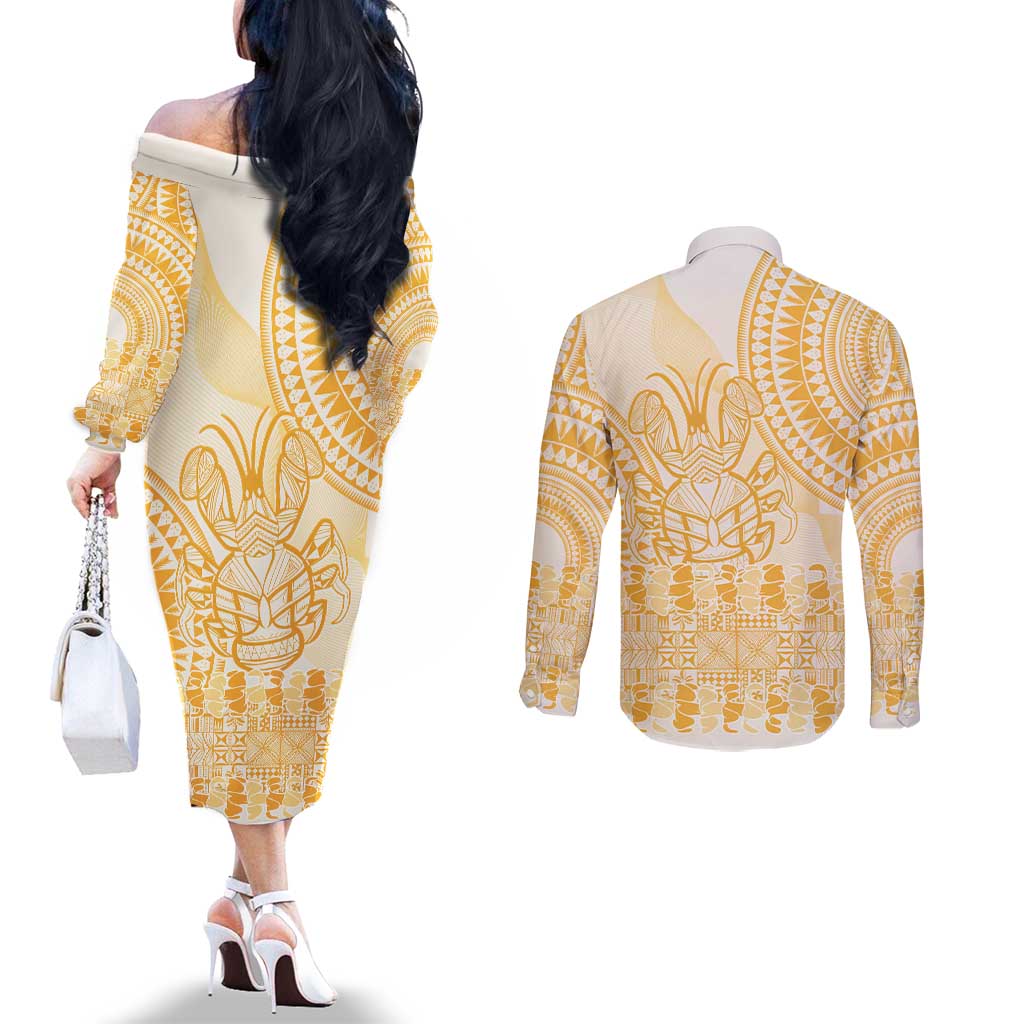 Niue Language Week Couples Matching Off The Shoulder Long Sleeve Dress and Long Sleeve Button Shirt The Rock Coconut Crab - Siapo Gold Pastel LT14 - Polynesian Pride