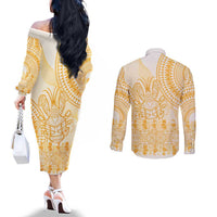 Niue Language Week Couples Matching Off The Shoulder Long Sleeve Dress and Long Sleeve Button Shirt The Rock Coconut Crab - Siapo Gold Pastel LT14 - Polynesian Pride