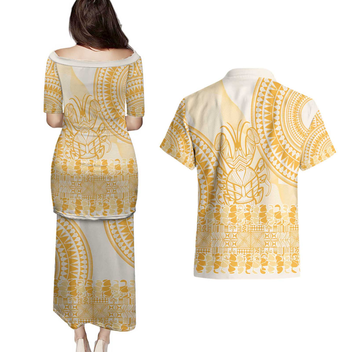Niue Language Week Couples Matching Puletasi and Hawaiian Shirt The Rock Coconut Crab - Siapo Gold Pastel LT14 - Polynesian Pride