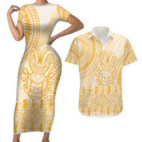 Niue Language Week Couples Matching Short Sleeve Bodycon Dress and Hawaiian Shirt The Rock Coconut Crab - Siapo Gold Pastel LT14 Gold - Polynesian Pride