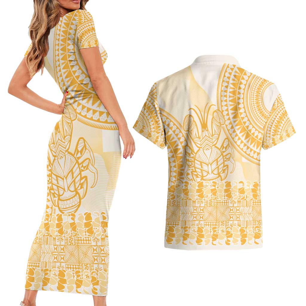 Niue Language Week Couples Matching Short Sleeve Bodycon Dress and Hawaiian Shirt The Rock Coconut Crab - Siapo Gold Pastel LT14 - Polynesian Pride