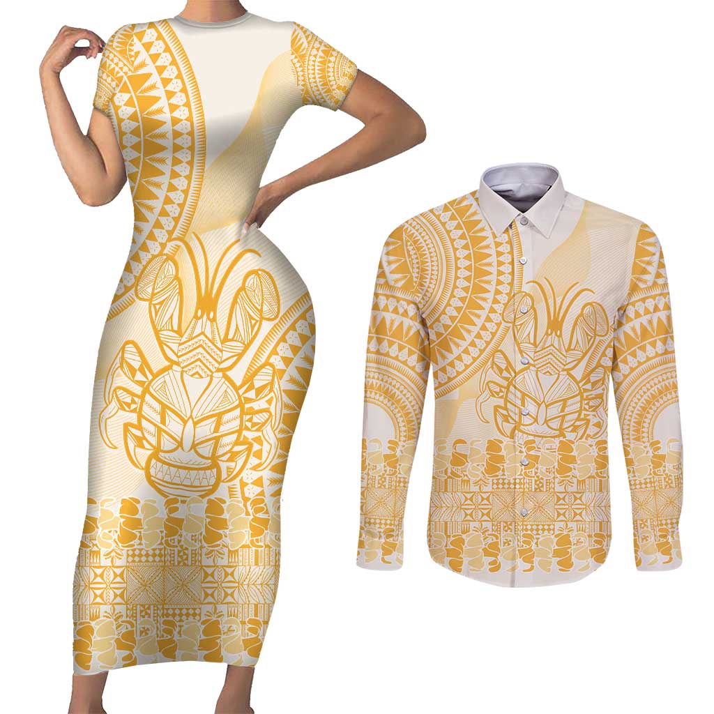 Niue Language Week Couples Matching Short Sleeve Bodycon Dress and Long Sleeve Button Shirt The Rock Coconut Crab - Siapo Gold Pastel LT14 Gold - Polynesian Pride