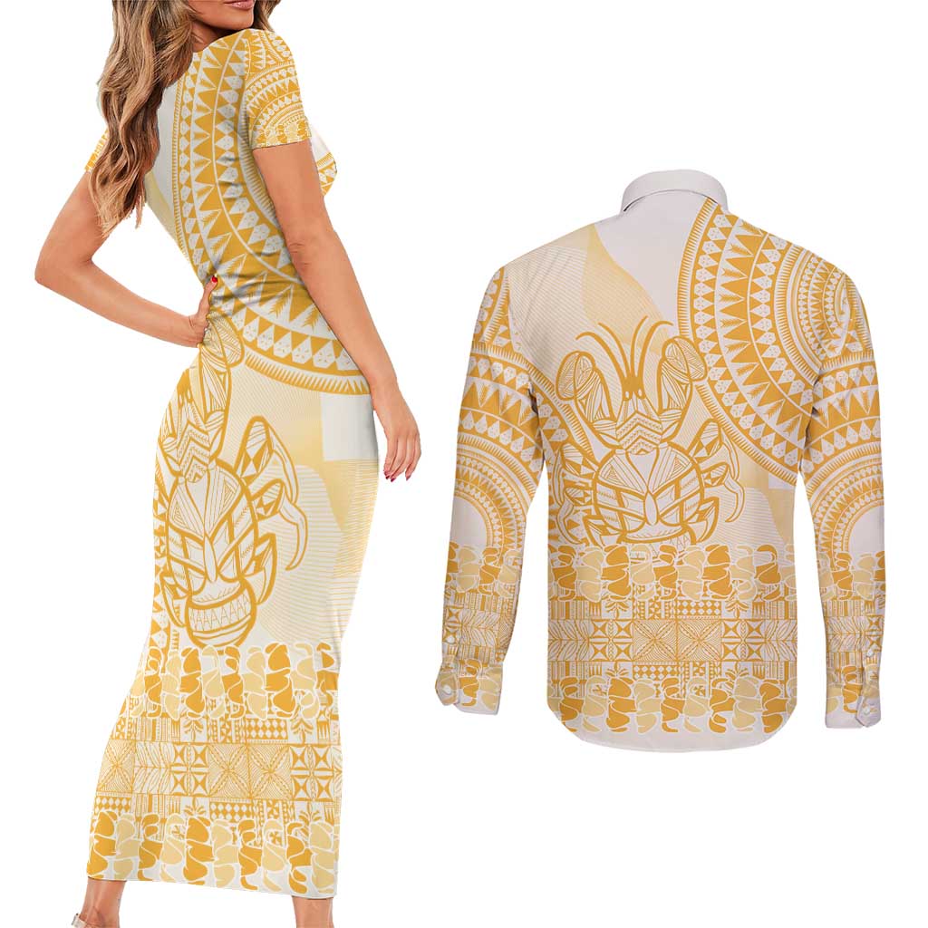 Niue Language Week Couples Matching Short Sleeve Bodycon Dress and Long Sleeve Button Shirt The Rock Coconut Crab - Siapo Gold Pastel LT14 - Polynesian Pride