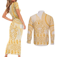 Niue Language Week Couples Matching Short Sleeve Bodycon Dress and Long Sleeve Button Shirt The Rock Coconut Crab - Siapo Gold Pastel LT14 - Polynesian Pride