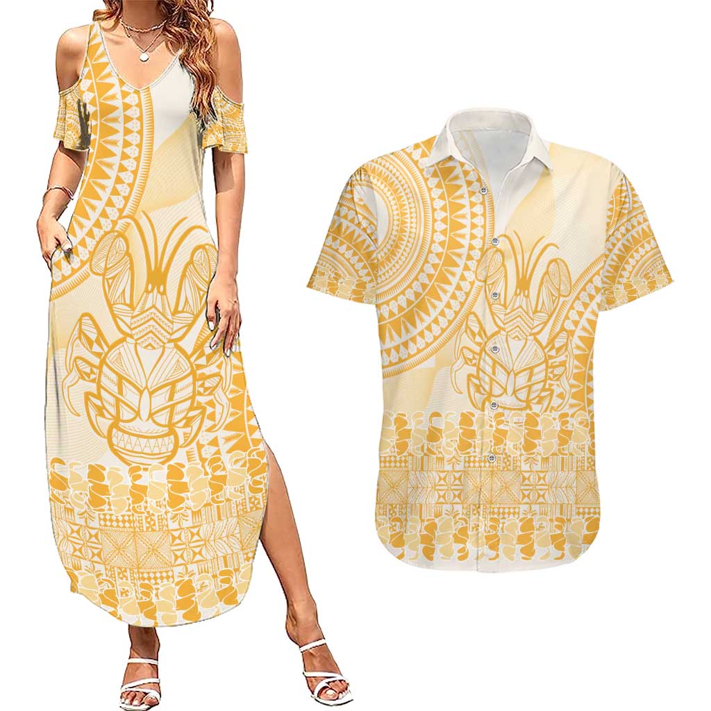 Niue Language Week Couples Matching Summer Maxi Dress and Hawaiian Shirt The Rock Coconut Crab - Siapo Gold Pastel LT14 Gold - Polynesian Pride