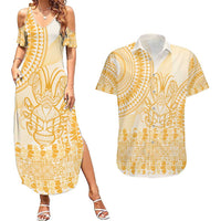 Niue Language Week Couples Matching Summer Maxi Dress and Hawaiian Shirt The Rock Coconut Crab - Siapo Gold Pastel LT14 Gold - Polynesian Pride