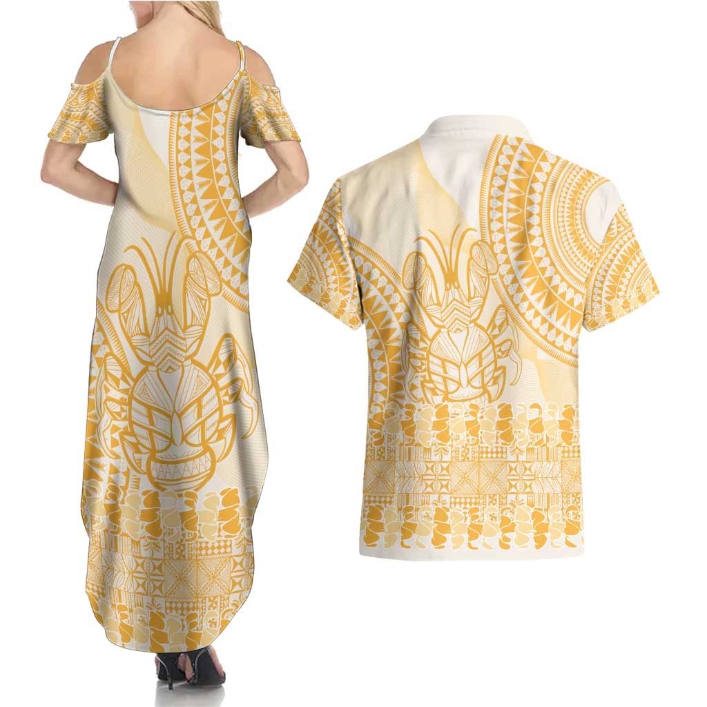 Niue Language Week Couples Matching Summer Maxi Dress and Hawaiian Shirt The Rock Coconut Crab - Siapo Gold Pastel LT14 - Polynesian Pride