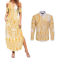 Niue Language Week Couples Matching Summer Maxi Dress and Long Sleeve Button Shirt The Rock Coconut Crab - Siapo Gold Pastel LT14 Gold - Polynesian Pride