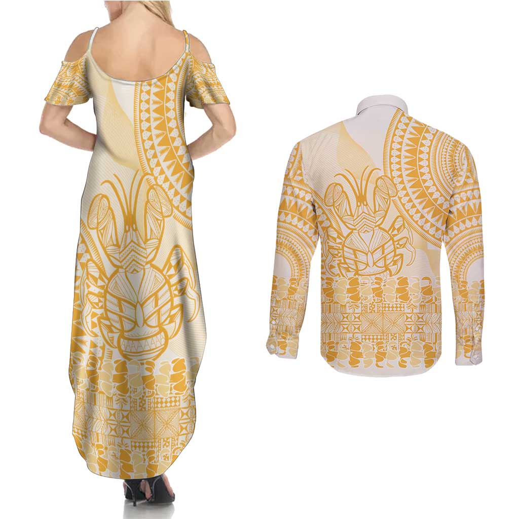 Niue Language Week Couples Matching Summer Maxi Dress and Long Sleeve Button Shirt The Rock Coconut Crab - Siapo Gold Pastel LT14 - Polynesian Pride