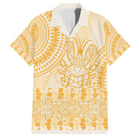 Niue Language Week Family Matching Long Sleeve Bodycon Dress and Hawaiian Shirt The Rock Coconut Crab - Siapo Gold Pastel LT14 Dad's Shirt - Short Sleeve Gold - Polynesian Pride