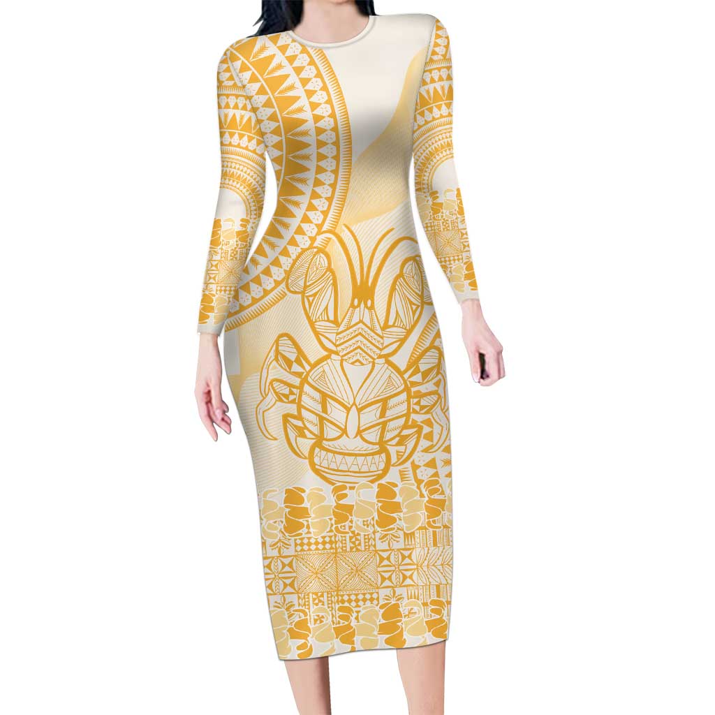 Niue Language Week Family Matching Long Sleeve Bodycon Dress and Hawaiian Shirt The Rock Coconut Crab - Siapo Gold Pastel LT14 Mom's Dress Gold - Polynesian Pride