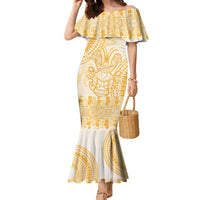 Niue Language Week Family Matching Mermaid Dress and Hawaiian Shirt The Rock Coconut Crab - Siapo Gold Pastel LT14 Mom's Dress Gold - Polynesian Pride