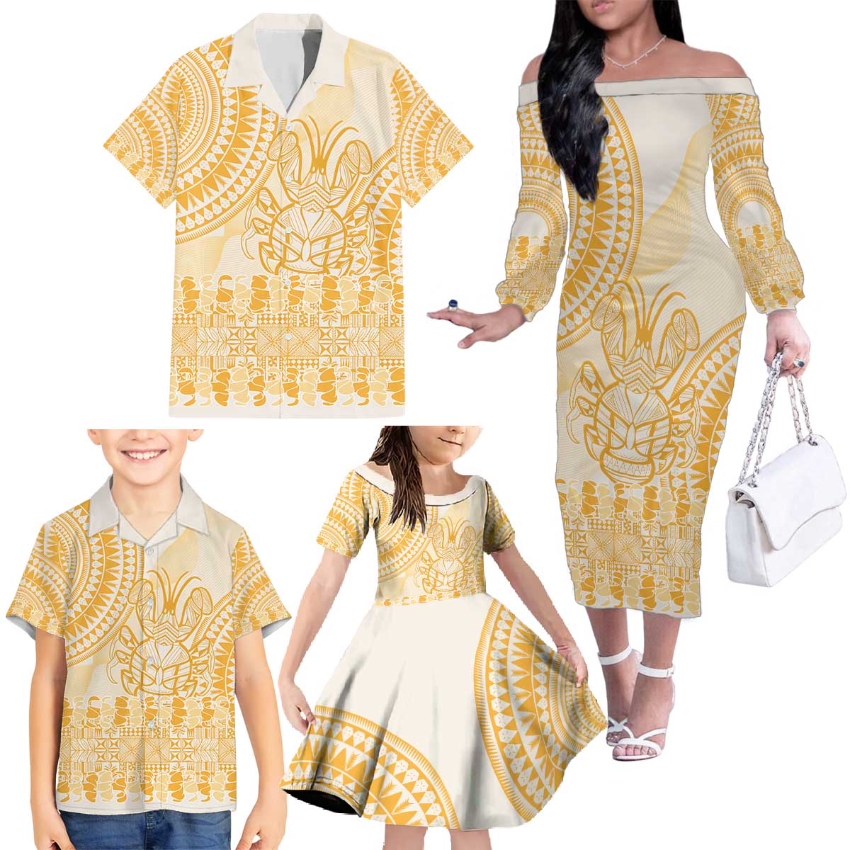 Niue Language Week Family Matching Off The Shoulder Long Sleeve Dress and Hawaiian Shirt The Rock Coconut Crab - Siapo Gold Pastel LT14 - Polynesian Pride