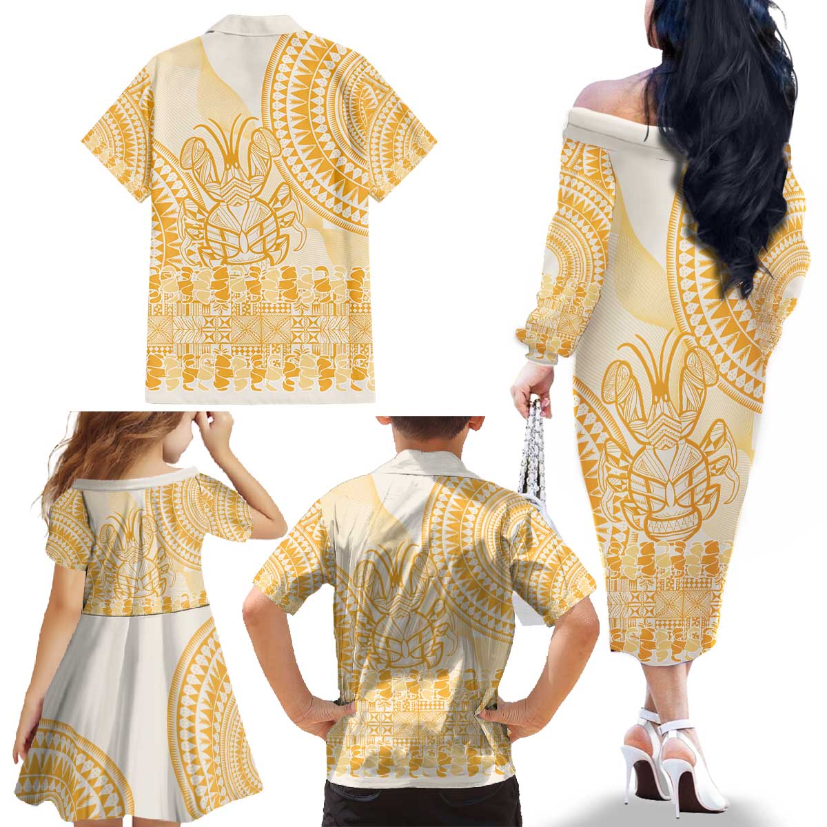 Niue Language Week Family Matching Off The Shoulder Long Sleeve Dress and Hawaiian Shirt The Rock Coconut Crab - Siapo Gold Pastel LT14 - Polynesian Pride