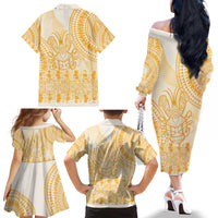 Niue Language Week Family Matching Off The Shoulder Long Sleeve Dress and Hawaiian Shirt The Rock Coconut Crab - Siapo Gold Pastel LT14 - Polynesian Pride