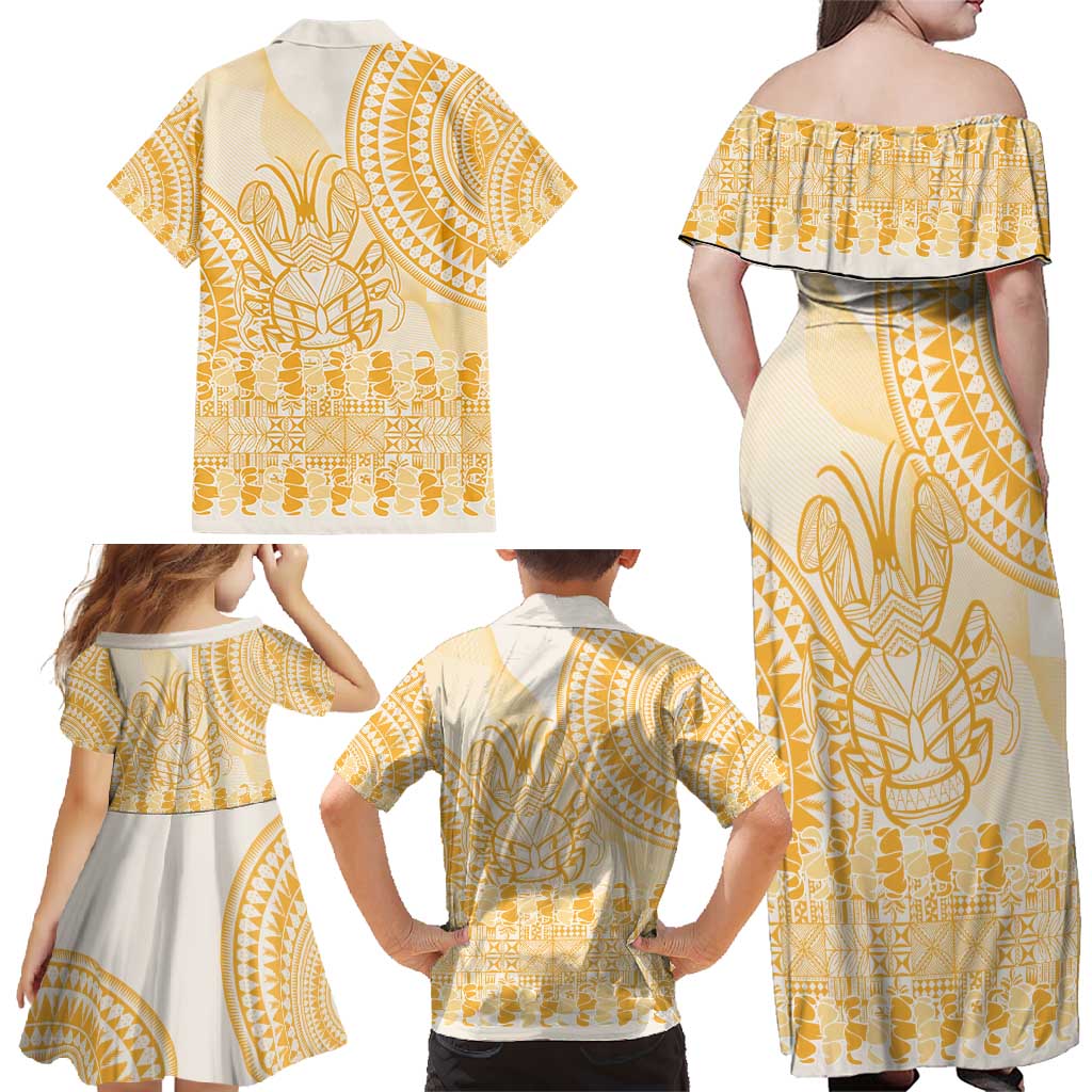 Niue Language Week Family Matching Off Shoulder Maxi Dress and Hawaiian Shirt The Rock Coconut Crab - Siapo Gold Pastel LT14 - Polynesian Pride