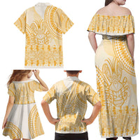 Niue Language Week Family Matching Off Shoulder Maxi Dress and Hawaiian Shirt The Rock Coconut Crab - Siapo Gold Pastel LT14 - Polynesian Pride