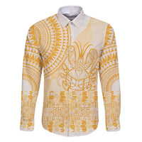 Niue Language Week Family Matching Off Shoulder Maxi Dress and Hawaiian Shirt The Rock Coconut Crab - Siapo Gold Pastel LT14 Dad's Shirt - Long Sleeve Gold - Polynesian Pride
