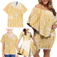 Niue Language Week Family Matching Off Shoulder Short Dress and Hawaiian Shirt The Rock Coconut Crab - Siapo Gold Pastel LT14 - Polynesian Pride