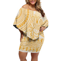 Niue Language Week Family Matching Off Shoulder Short Dress and Hawaiian Shirt The Rock Coconut Crab - Siapo Gold Pastel LT14 Mom's Dress Gold - Polynesian Pride
